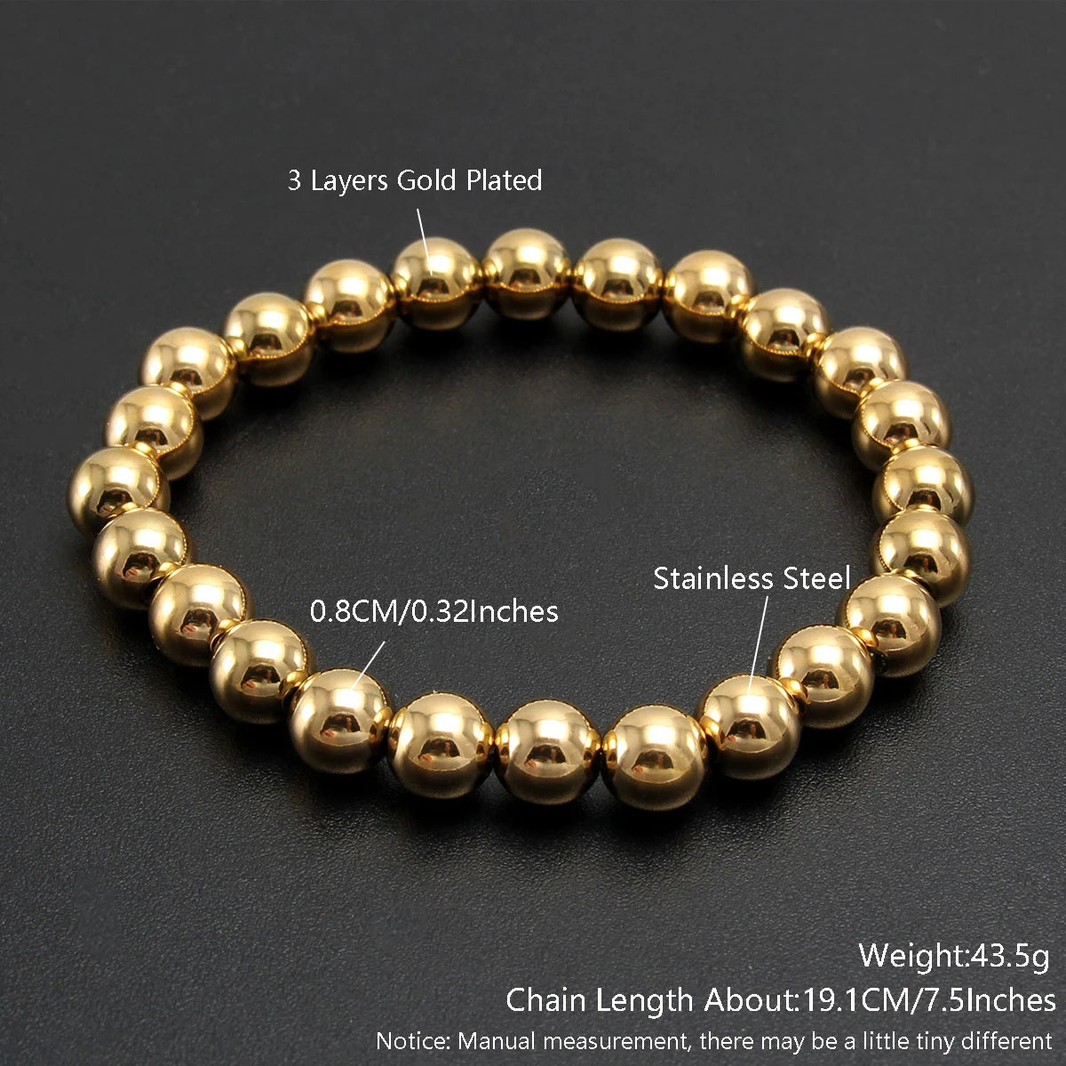 Gold Plated Stainless Steel Beaded Bracelet W8